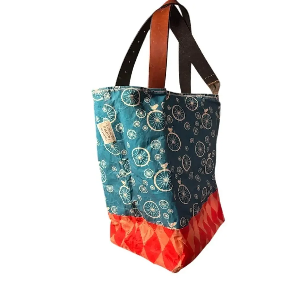 Duncan's Family Jewels Waxed Canvas Tote Bag Bicycle Print Leather Handles Purse